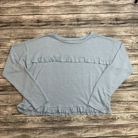 LOFT Women's Stripe Ruffle Soft Tee T Shirt Blouse Top M Med Medium Blue White - Picture 3 of 13
